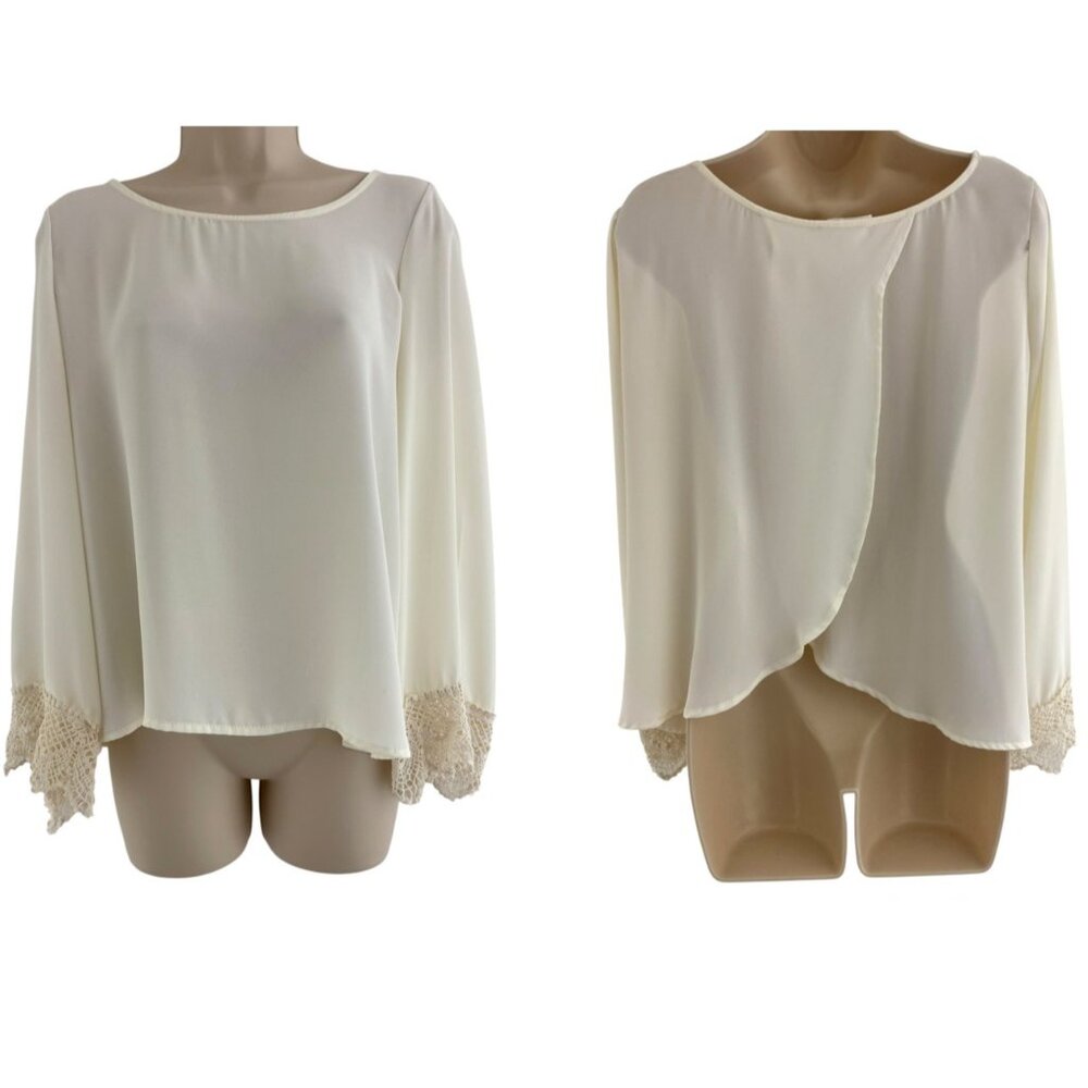 Lush Ivory Creme Chiffon Split Back Tunic Blouse Top Size S‎ Crocheted Sleeves